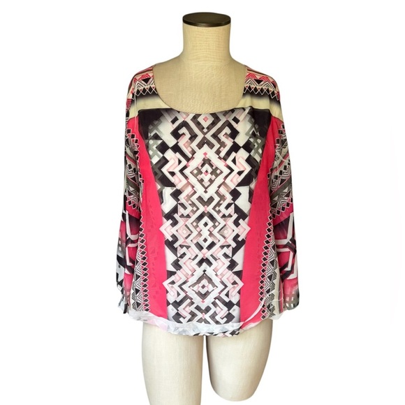 AGB Blouse Tribal Geometric Pattern Petal Pink Elastic Hem Flowy Blouse Size M - Picture 1 of 9